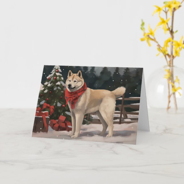 Carte Akita Chien dans Noël de neige (Fleur jaune)