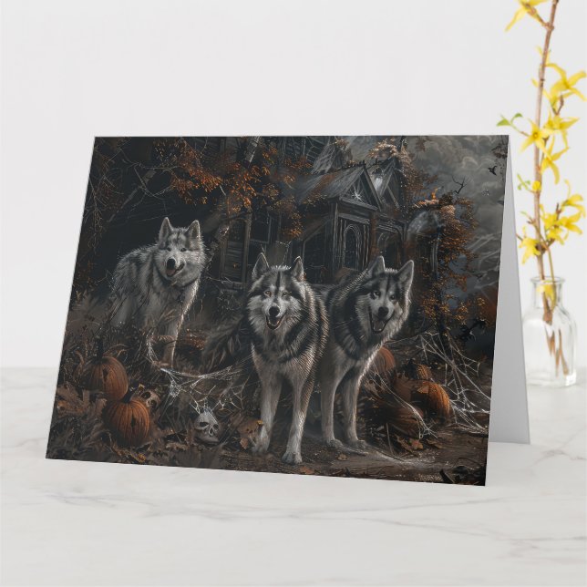 Carte Alaskan Malamute Halloween Night Doggy Délice (Fleur jaune)