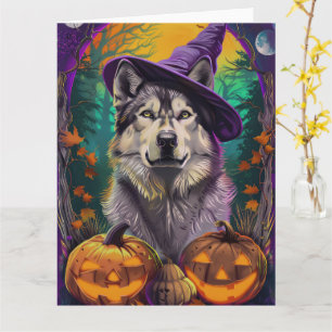 Carte Alaskan Malamute Halloween sorcière et Citrouille