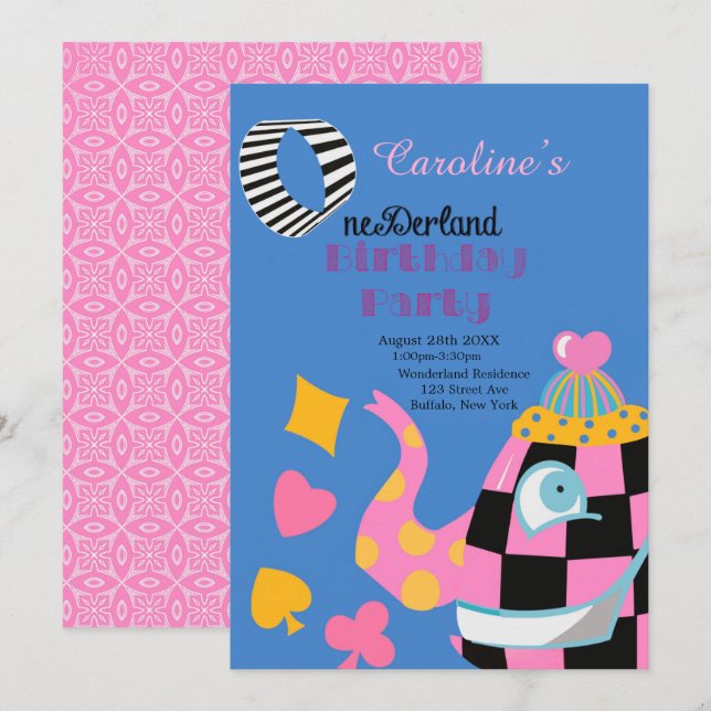 Carte Alice Bleue Rose Au Pays des Merveilles 1er. Fête  (Devant / Derrière)