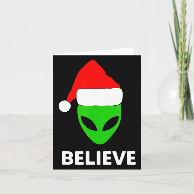 Carte Alien Green Face Christmas Santa Hat Believe  (Devant)