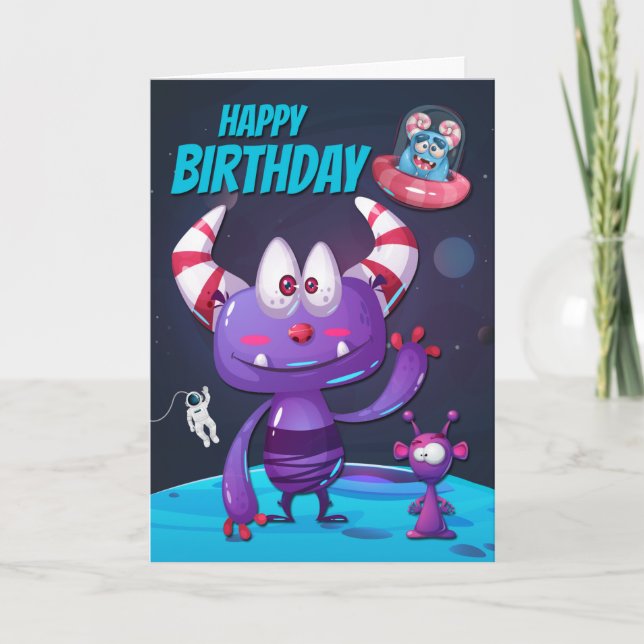 Carte Alien pourpre avec vaisseau spatial pour un joyeux (Devant)