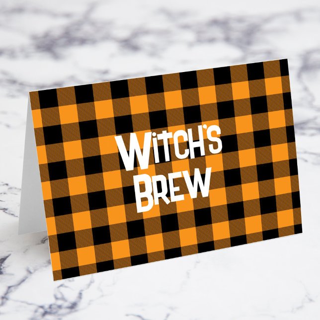 Carte alimentaire d'Halloween à base de buffles or (Orange and Black Buffalo Check Halloween Punch Desert or Food Table Card - You Fold Your Own Cards)