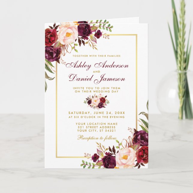 Carte All In One Burgundy Floral Mariage Photo Invitatio (Devant)