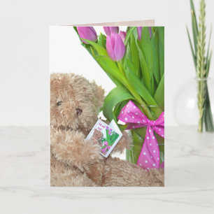 Carte allez-y bientôt, ours en peluche et tulipes