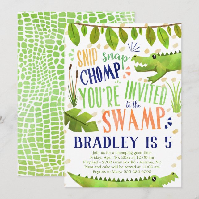 Carte Alligator ou Crocodile Anniversaire Fête Invitatio (Devant / Derrière)