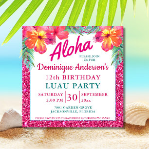 Carte Aloha Luau Parties scintillant rose Carré tropical