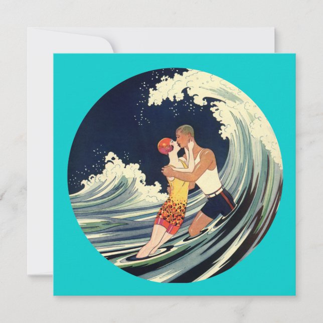 Carte Amants Surfeurs S'Embrassant Illustration Vintage (Devant)