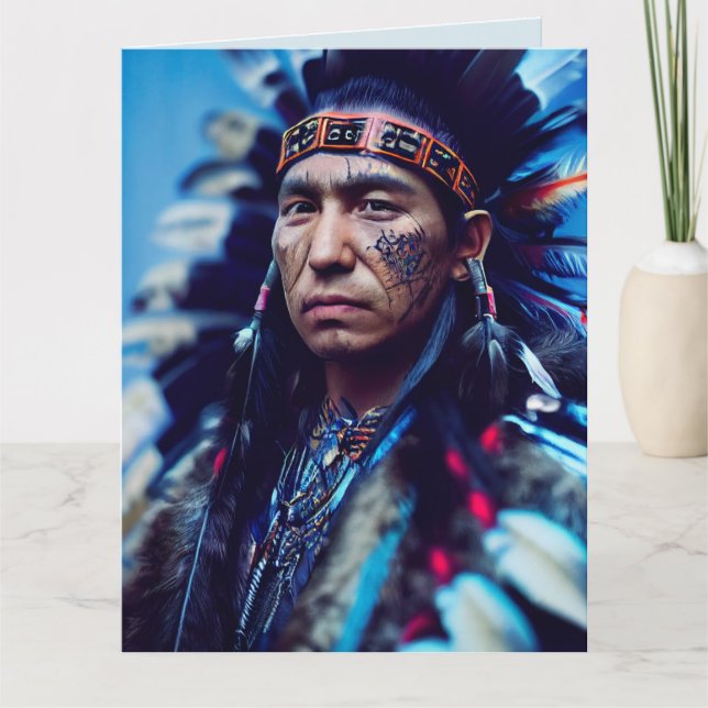 CARTE AMÉRICAIN INDIAN CHIEF PHOTO ANNIVERSAIRE GRANDES  (Devant)