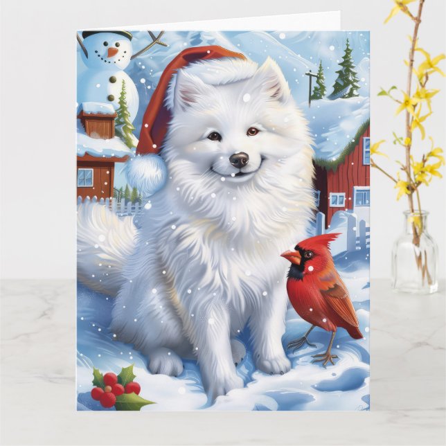 Carte American Eskimo Dog Winter Wonderland Noël (Fleur jaune)