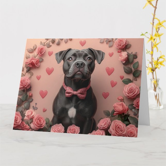 Carte American Staffordshire avec Roses - Saint-Valentin (Fleur jaune)