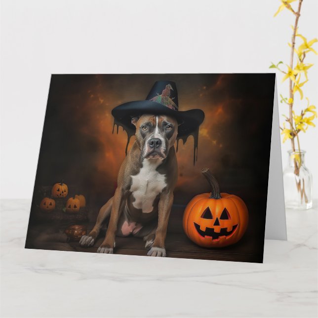 Carte American Staffordshire Citrouille Halloween effray (Fleur jaune)