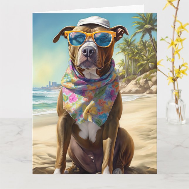 Carte American Staffordshire sur la plage, cadeau d'été (Fleur jaune)