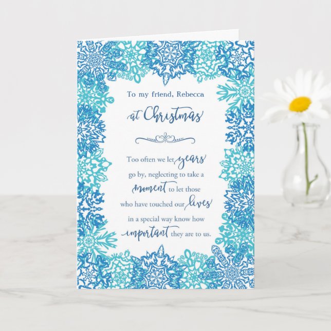 Carte Ami à Noël Blue Snowflakes Personnalisé (Petite plante)