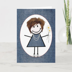 Carte Ami Anniversaire Stick Figure Girl avec marguerite