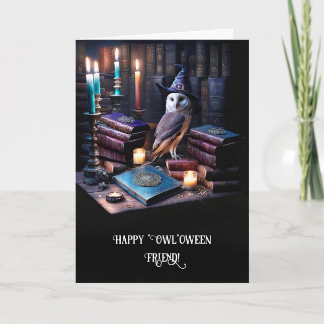 Carte Ami Joyeux Halloween avec Hibou Magique Mystique  (Devant)