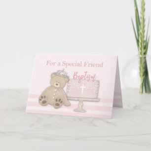 Carte Ami Pink Baptism Cake Teddy Bear et Tiara