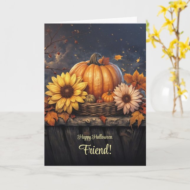 Carte Ami Plutôt Joyeux Halloween avec Fleurs d'automne (Fleur jaune)