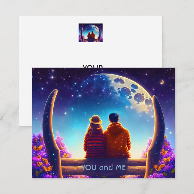 Carte Amis ou amoureux sur un banc au clair de lune, (Devant / Derrière)