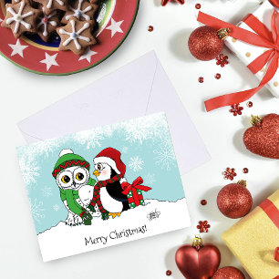 Carte Amitié Chouette Neige Pingouin