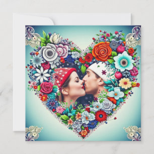 Carte Amour   Coeur Turquoise et rouge floral avec la ph
