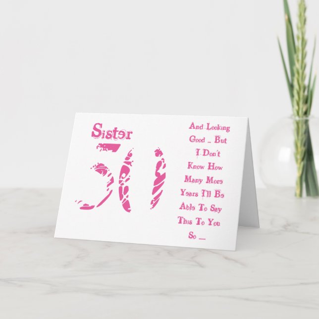 Carte Amusant, 50ème anniversaire, soeur, texte rose et  (Devant)