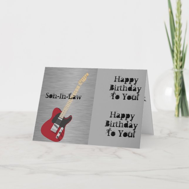Carte Amusant, anniversaire pour un gendre, guitare roug (Devant)