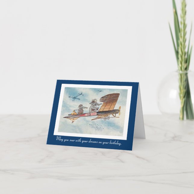 Carte Amusant Eléphants Volant Vintage Anniversaire (Devant)