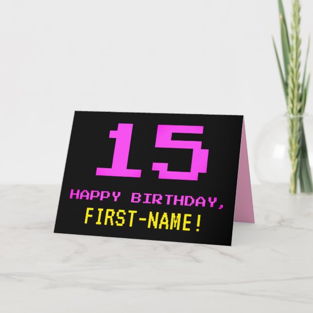 Carte Amusant, Nerdy, Geeky, Rose, 8 bits Style 15e anni (Devant)