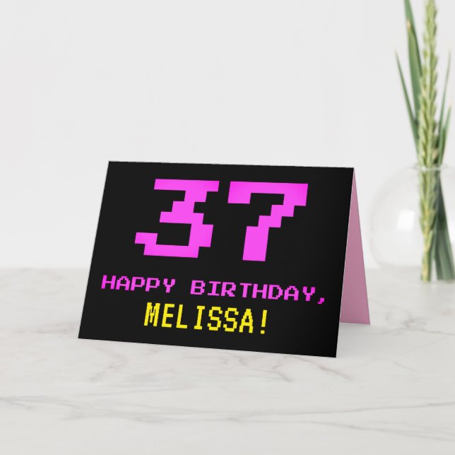 Carte Amusant, Nerdy, Geeky, Rose, 8 bits Style 37e anni (Devant)