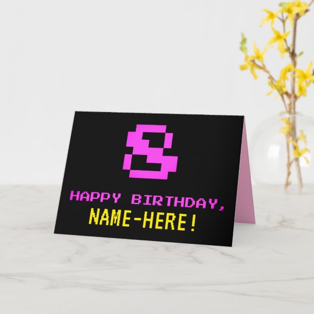 Carte Amusant, Nerdy, Geeky, rose, 8 bits Style 8e anniv (Fleur jaune)