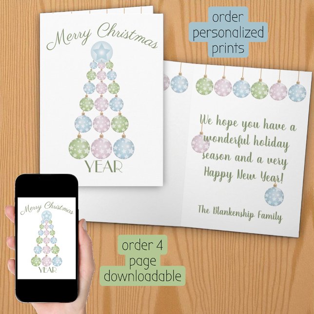 Carte Amusants Pastel Arbre de Noël Ornements personnali (Christmas card template printed and as a download)