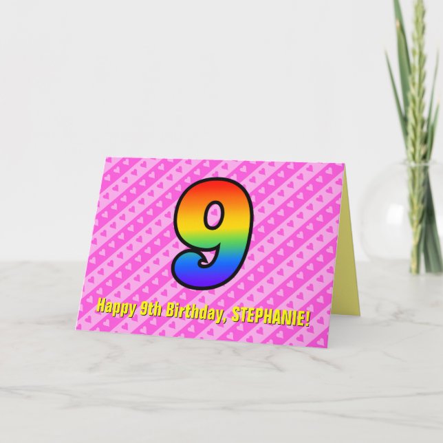 Carte Amusants Pink Stripes, Coeurs, Arc-en-ciel # 9e an (Devant)
