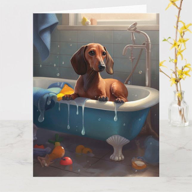 Carte Amusement du dachshund au bain  (Fleur jaune)
