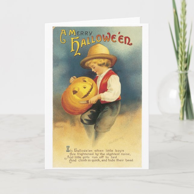 Carte Ancien Halloween, le garçon fait Jack-o-lanterne (Devant)