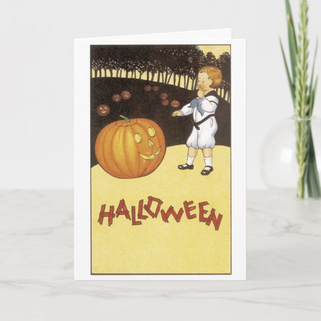 Carte Ancien Halloween, le garçon rencontre Jack-o-lante (Devant)