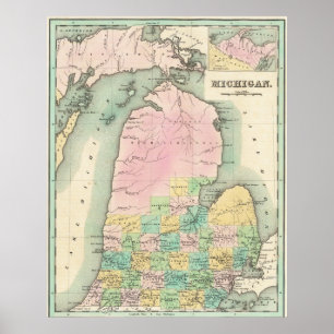 Carte ancienne du lac Michigan 1838 Affiche