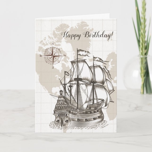 Carte ancienne et voilier pour un anniversaire (Devant)