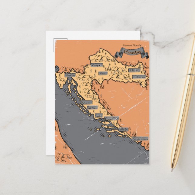 Carte ancienne vintage de Croatie (Devant/Arrière en situation)
