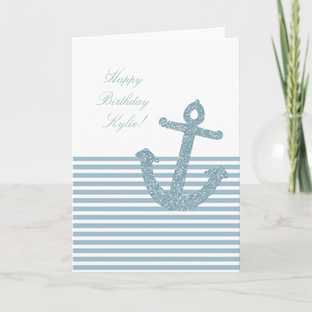 Carte Ancre de Parties scintillant Bleue Fille Anniversa (Devant)