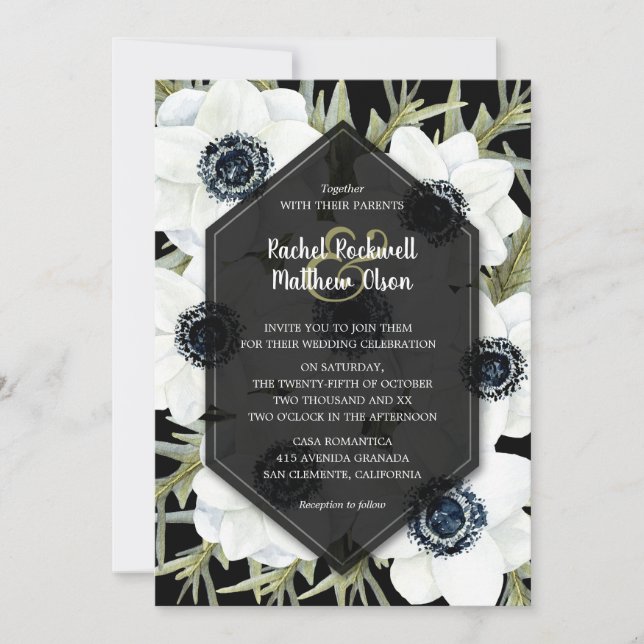 Carte Anemones Botanical Black and White Wedding Invite (Devant)