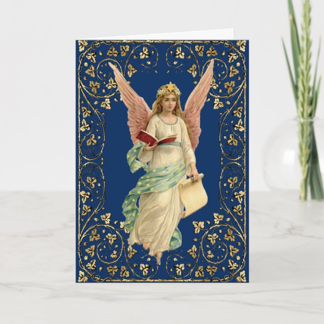 Carte Ange de Noël en cadre or orange sur bleu (Devant)