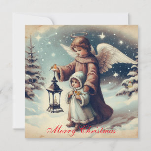 Carte Ange de Noël vintage, enfant et oiseaux
