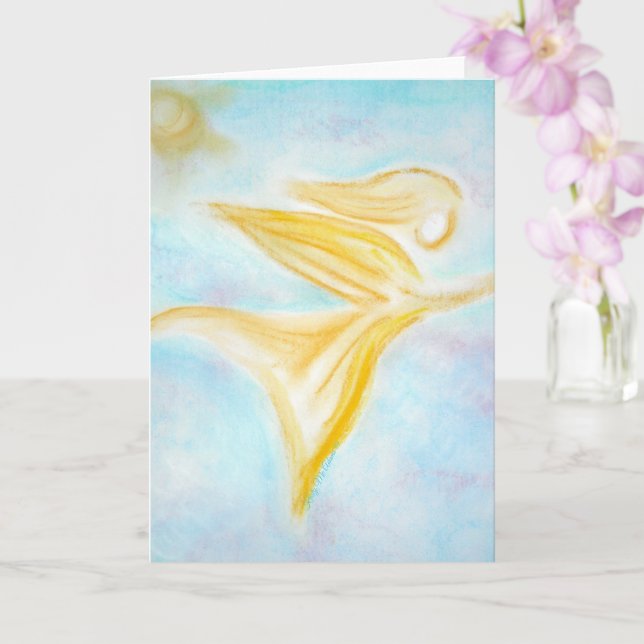 Carte Ange doré en vol – Ciel turquoise de bienvenue (Orchidée)