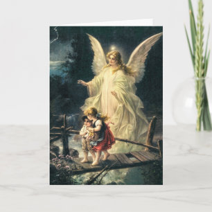 Carte Ange gardien avec deux enfants sur pont
