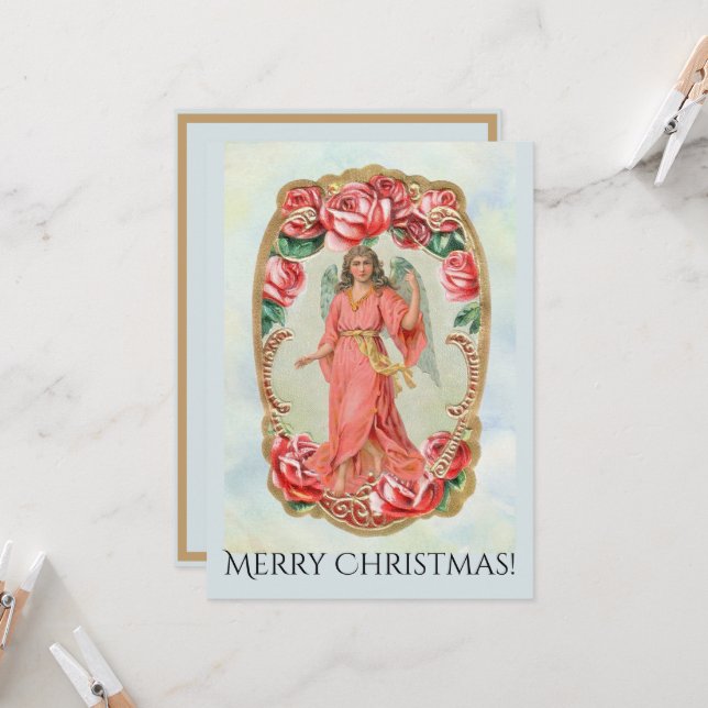 Carte Ange victorien de Noël encadré par Red Roses Gold (Devant/Arrière en situation)