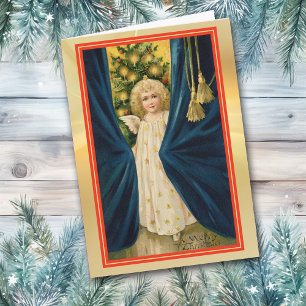 Carte Angel Girl Blue Drapes Vintage Christmas Card