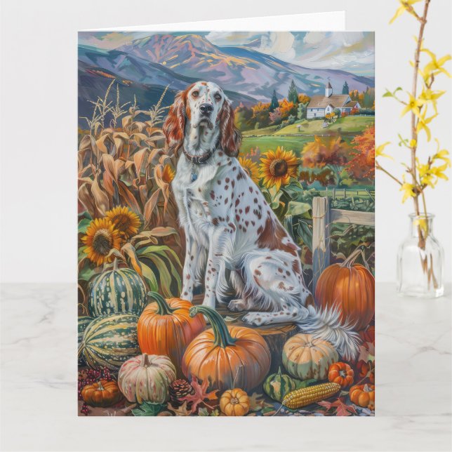 Carte Anglais Setter Chien Automne Moisson Thanksgiving (Fleur jaune)