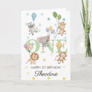 Carte Animaux de Safari Garçon 1er Anniversaire, Nom Per
