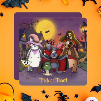 Carte Animaux mignons Trick or Treat Halloween Flat